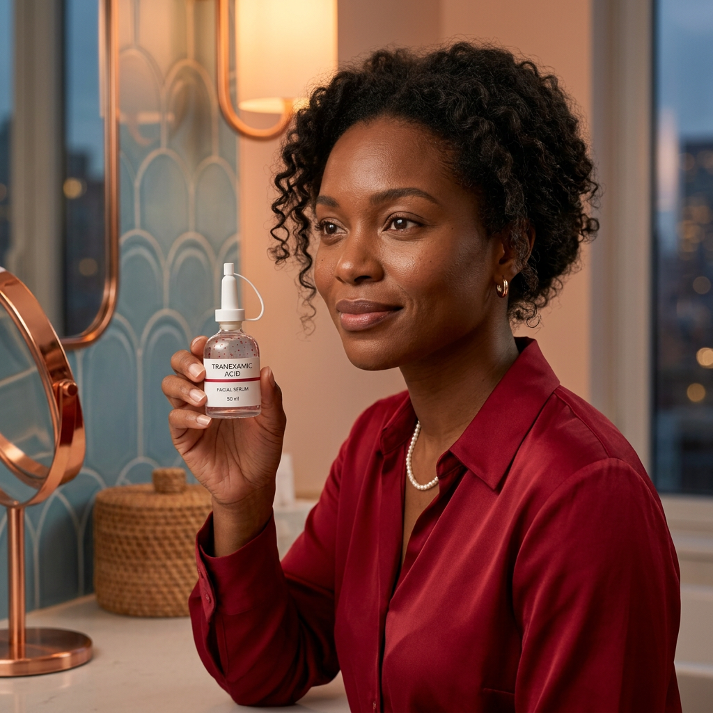 American adult model holding the serum in a warm evening vanity scene