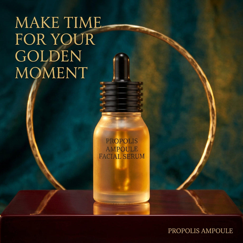 Golden propolis ampoule on a burgundy podium against a teal background