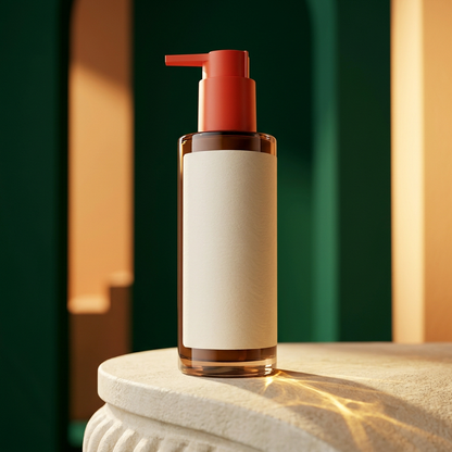 Body lotion on ivory plinth against emerald and apricot backdrop