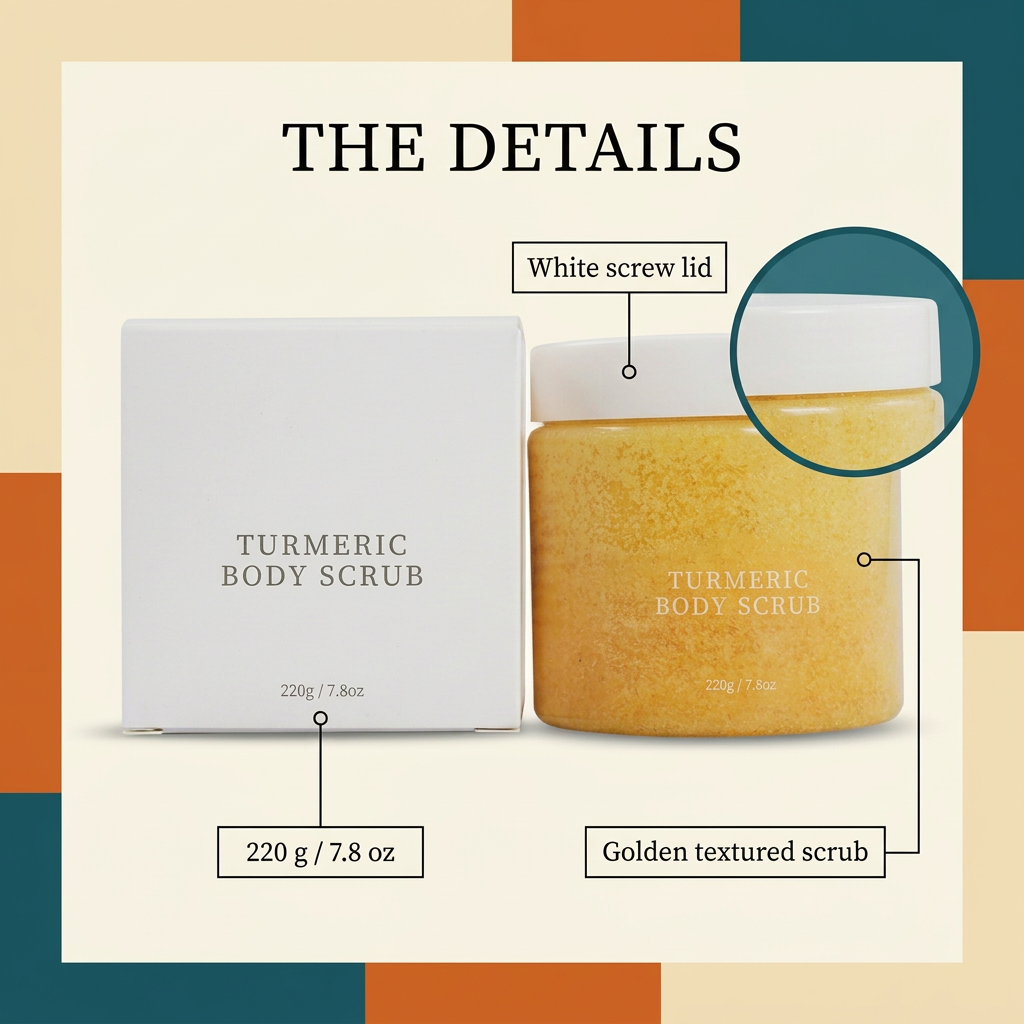 Turmeric body scrub packaging details and net contents