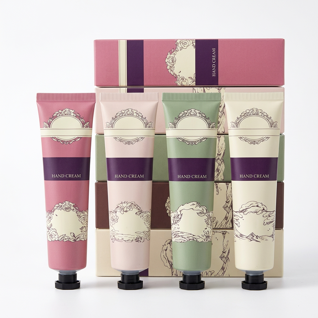 Four-piece hand cream set and coordinated cartons on a white background
