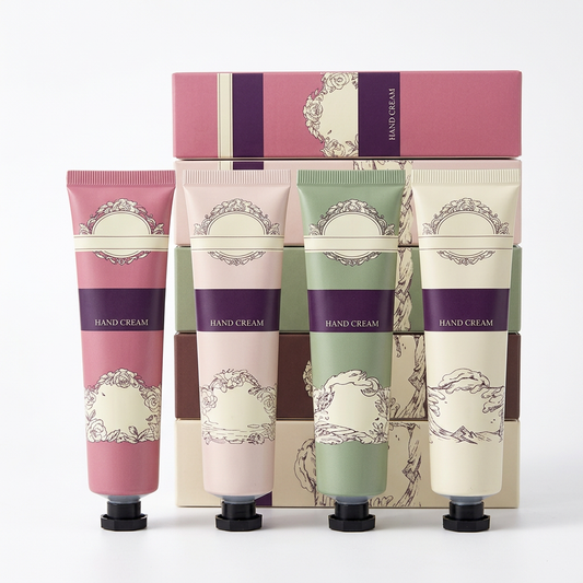 Four-piece hand cream set and coordinated cartons on a white background