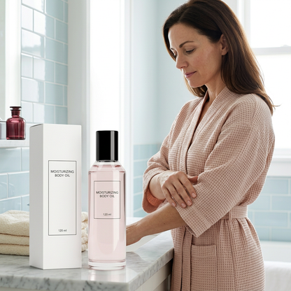 Adult woman in a bathroom with body oil displayed on the counter