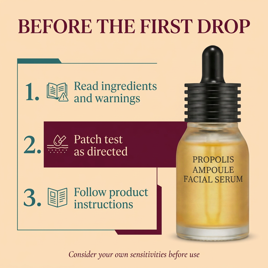 Before the first drop ingredient reading patch-testing and instruction reminders