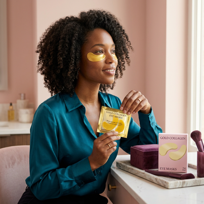 American adult model wearing golden under-eye patches in a colorful home setting