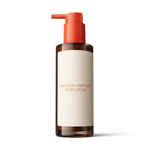 Fruit acid and protease body lotion on a pure white background