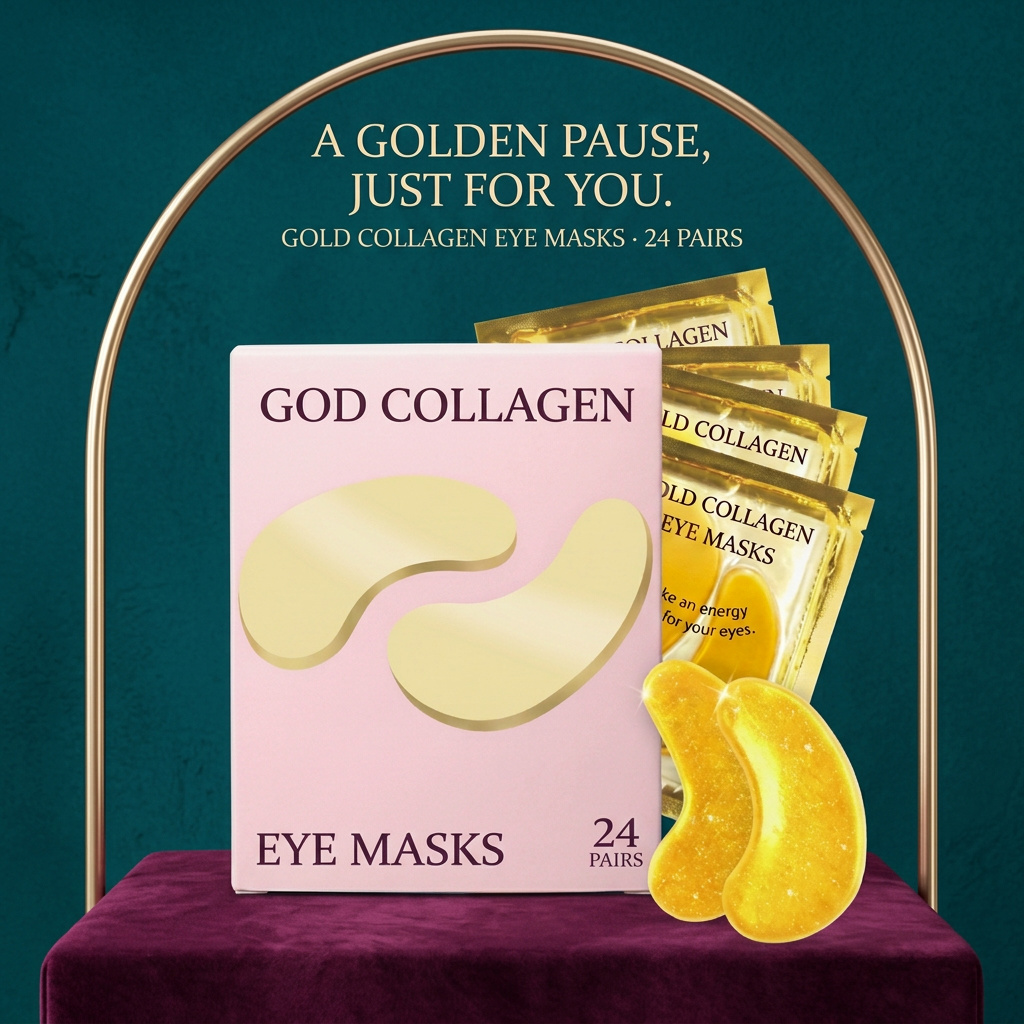 Gold eye mask hero with plum podium teal backdrop and champagne arch