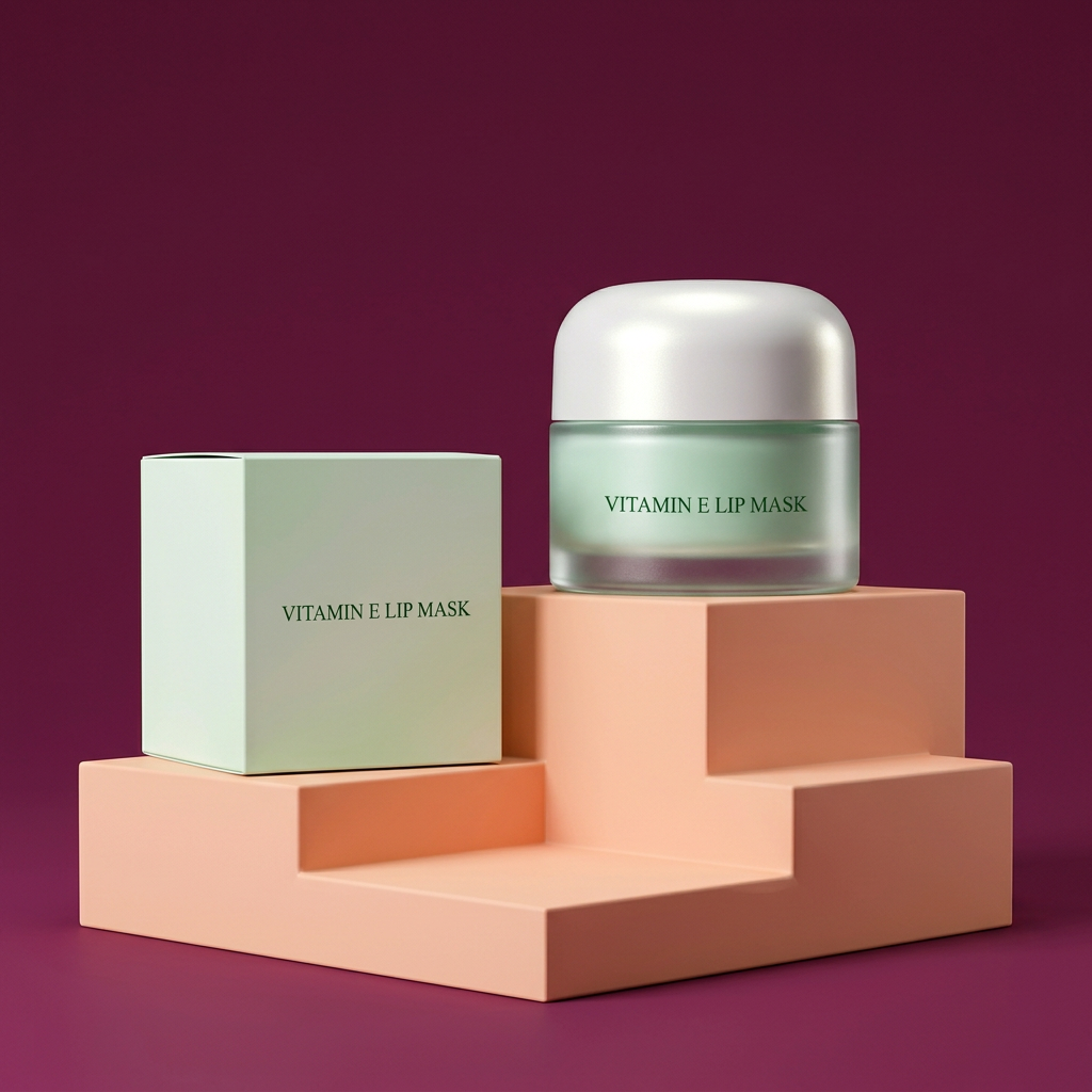 Mint lip mask jar in a berry and peach studio setting