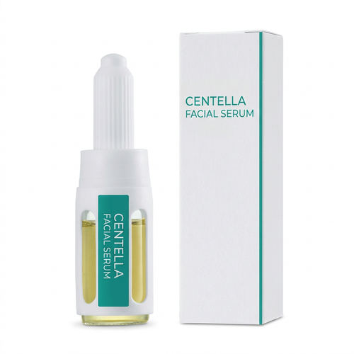Centella facial serum bottle and matching carton on a pure white background