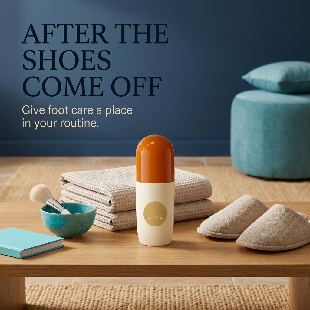 Foot cream beside a towel and slippers