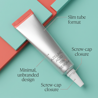 Tube packaging details on a mint teal background