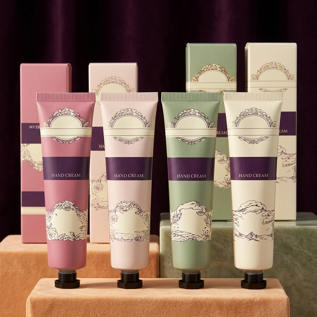 Four-color hand cream set on apricot and sage podiums