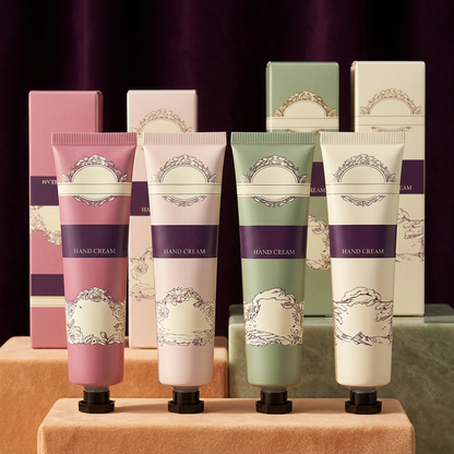 Four-color hand cream set on apricot and sage podiums