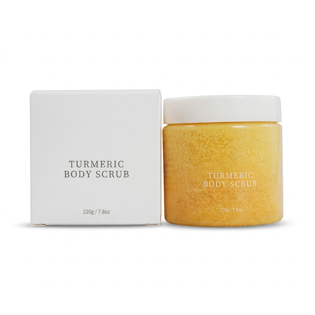 Turmeric body scrub jar and carton on a white background