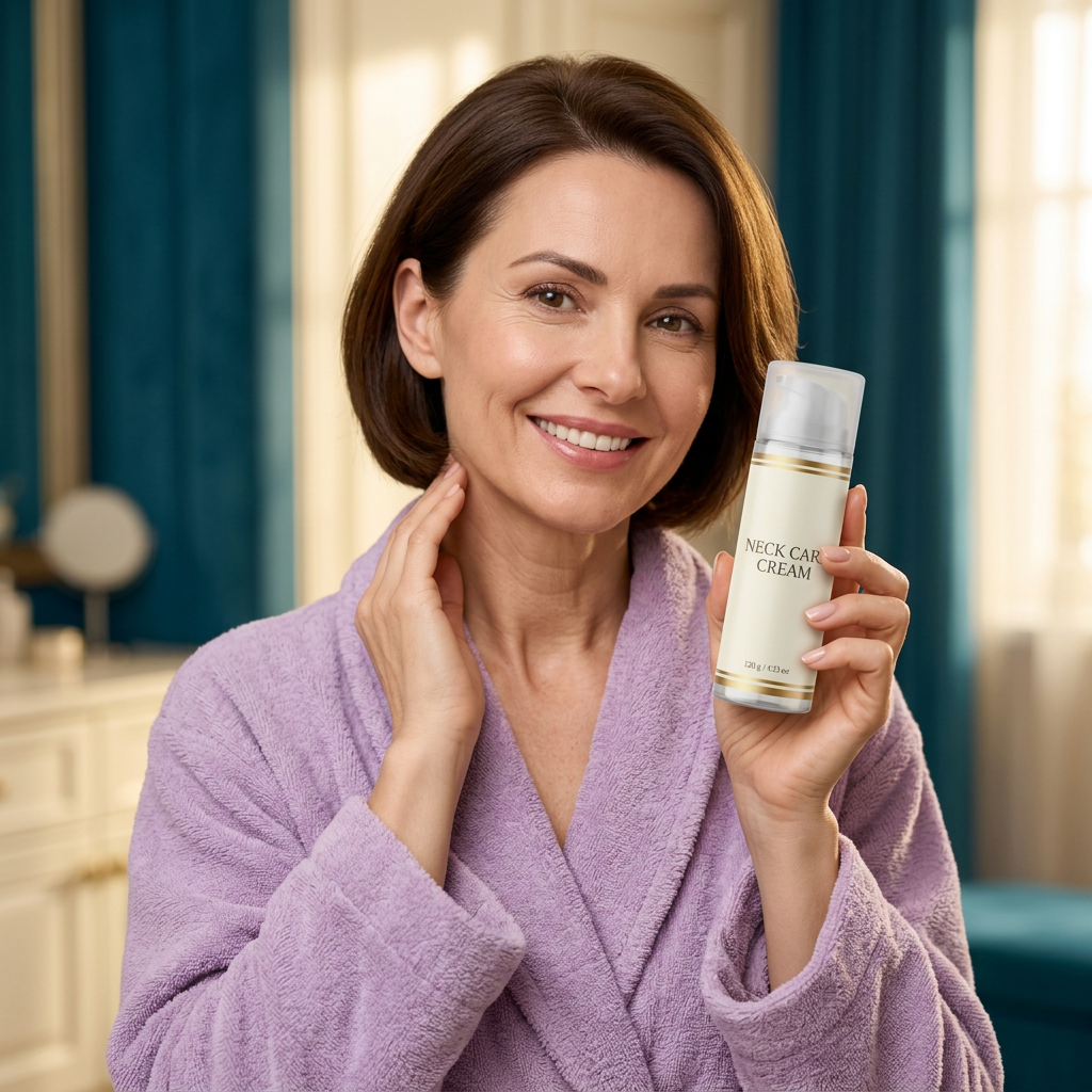 Adult woman holding ivory and gold neck care cream