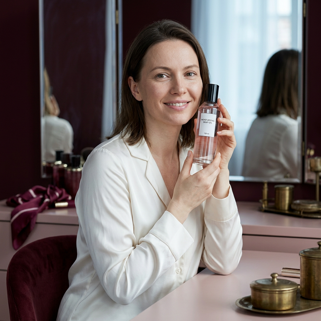 Adult woman holding moisturizing body oil at a vanity