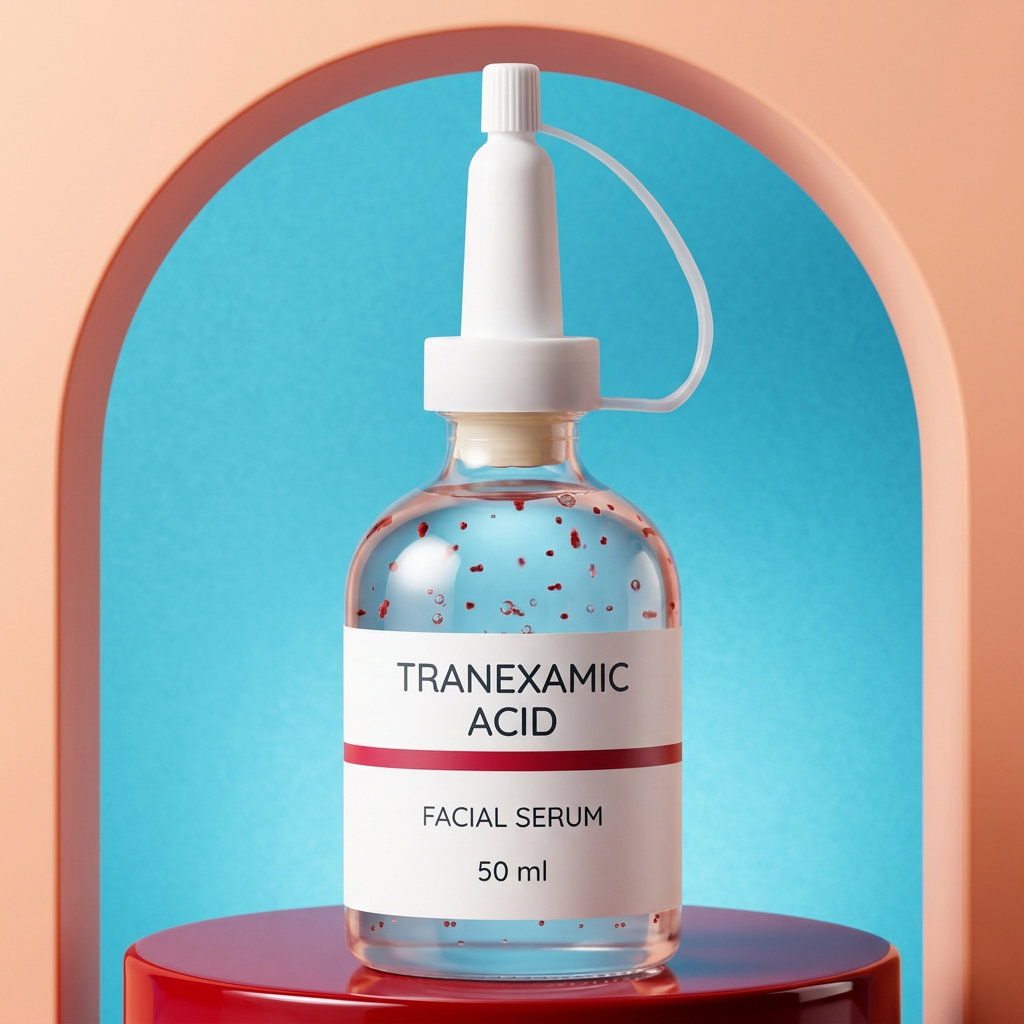 Serum hero image with cherry red podium and ice blue backdrop