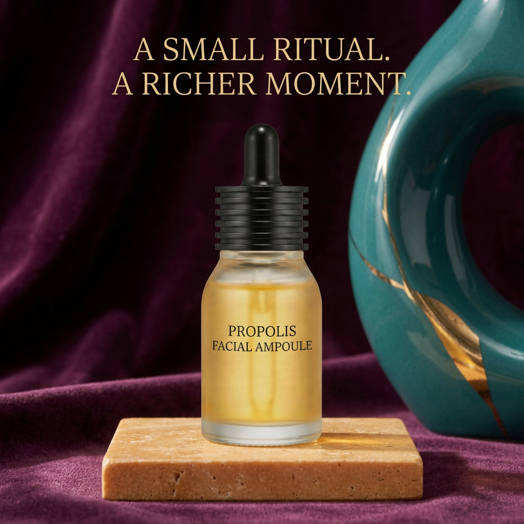 Propolis ampoule in an apricot plum and teal studio setting