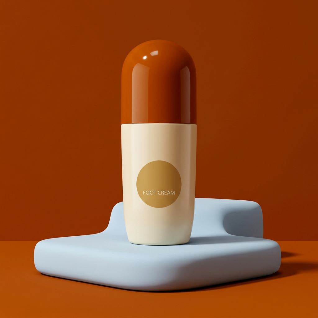 Orange and ivory foot cream in a blue and orange studio setting