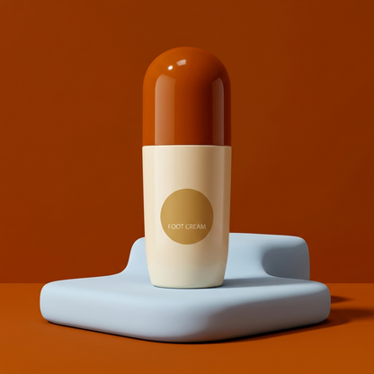 Orange and ivory foot cream in a blue and orange studio setting