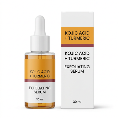 Kojic acid and turmeric serum 30 ml bottle and carton on white