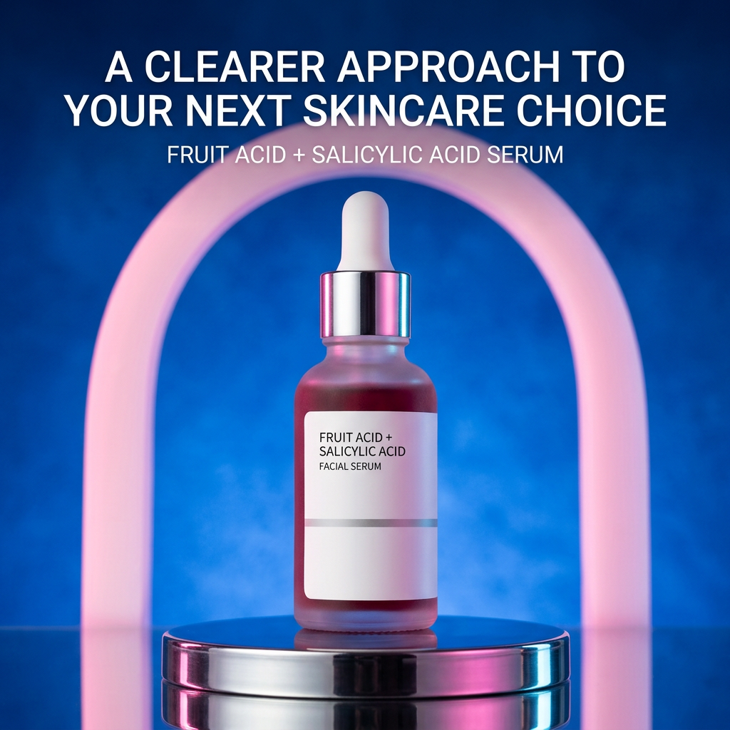 Red serum hero with electric blue backdrop silver plinth and pink arch