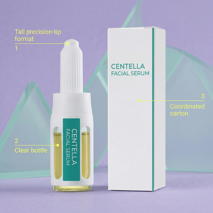 Clear serum bottle tall precision-tip format and coordinated carton detail