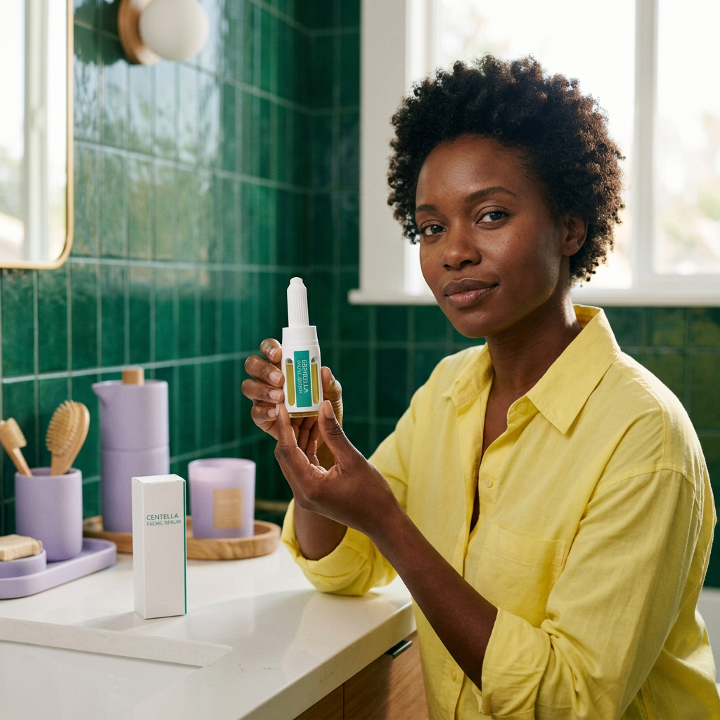 American adult model holding Centella serum at a colorful home vanity