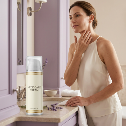 Adult woman at vanity with neck care cream