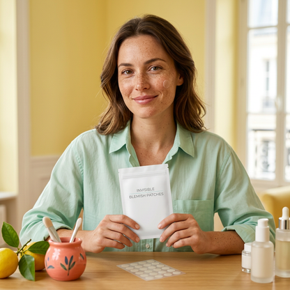 European adult model holding the pouch with a subtle visible cheek patch