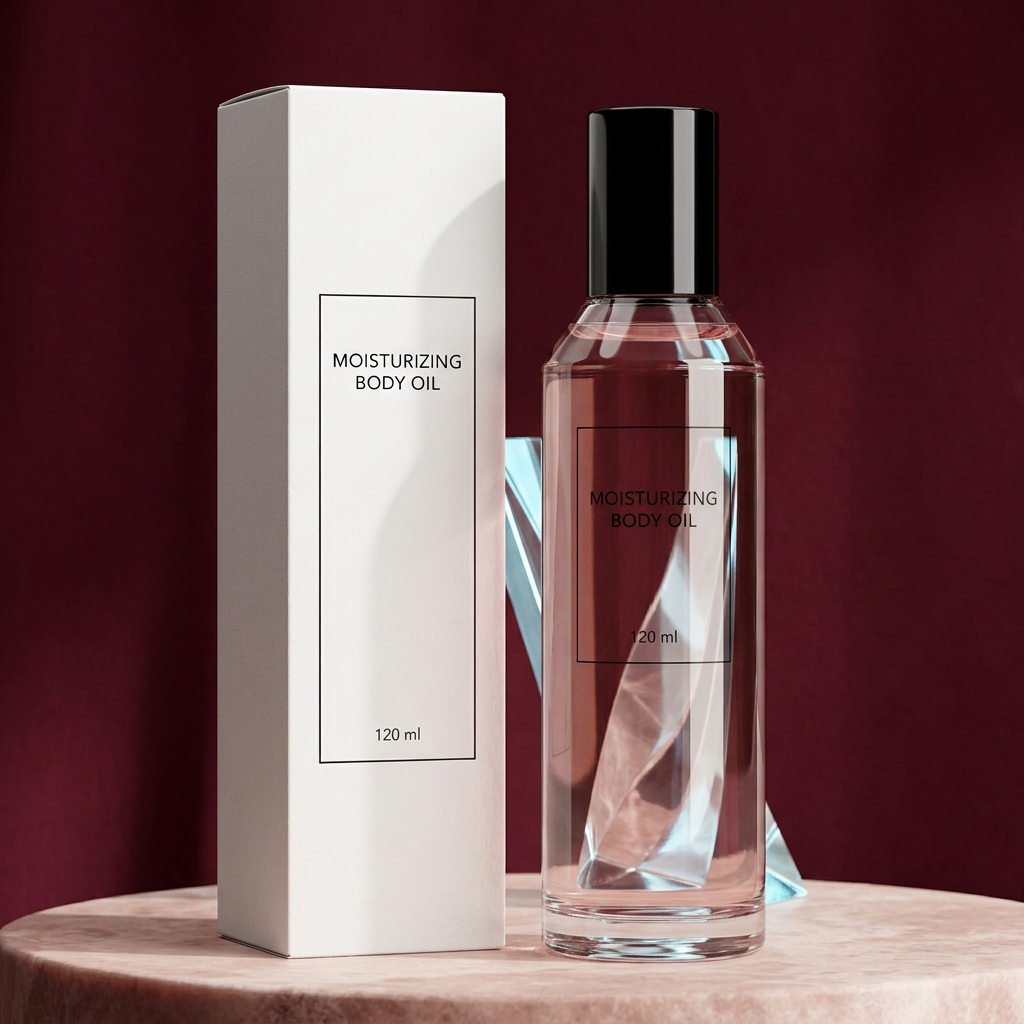 Blush body oil in a pink and burgundy studio setting