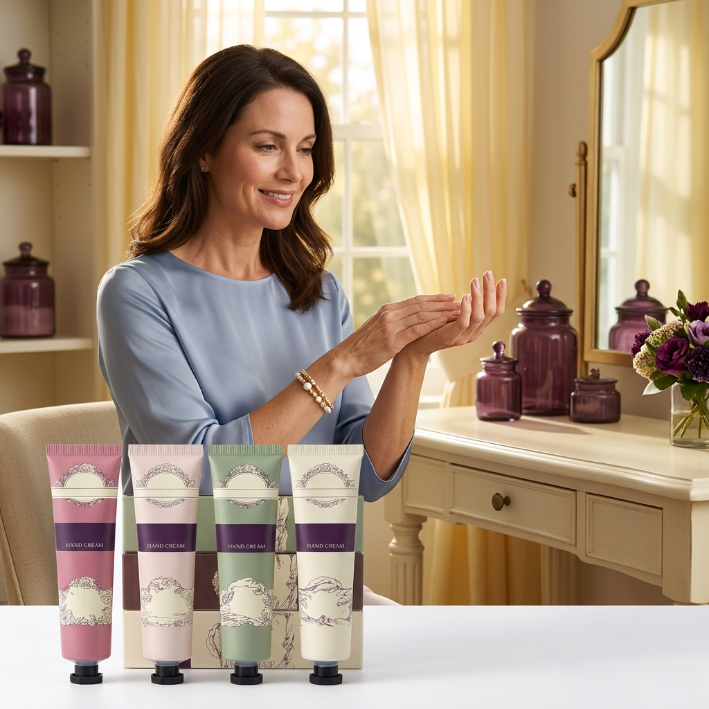 Adult woman holding pink hand cream with the collection on a desk
