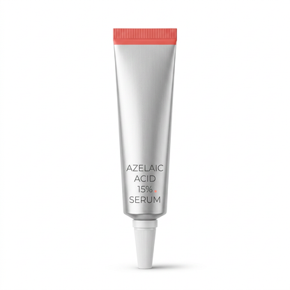 15% azelaic acid serum in a silver tube with coral crimp and white cap on white background