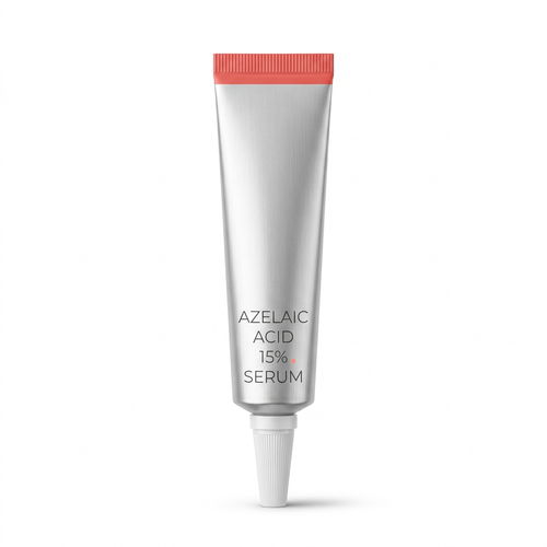 15% azelaic acid serum in a silver tube with coral crimp and white cap on white background