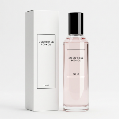 Moisturizing body oil bottle and white carton on a pure white background