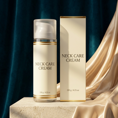 Neck care cream in peacock blue and champagne setting