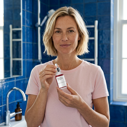 European adult model holding the serum in a bright blue-tiled bathroom
