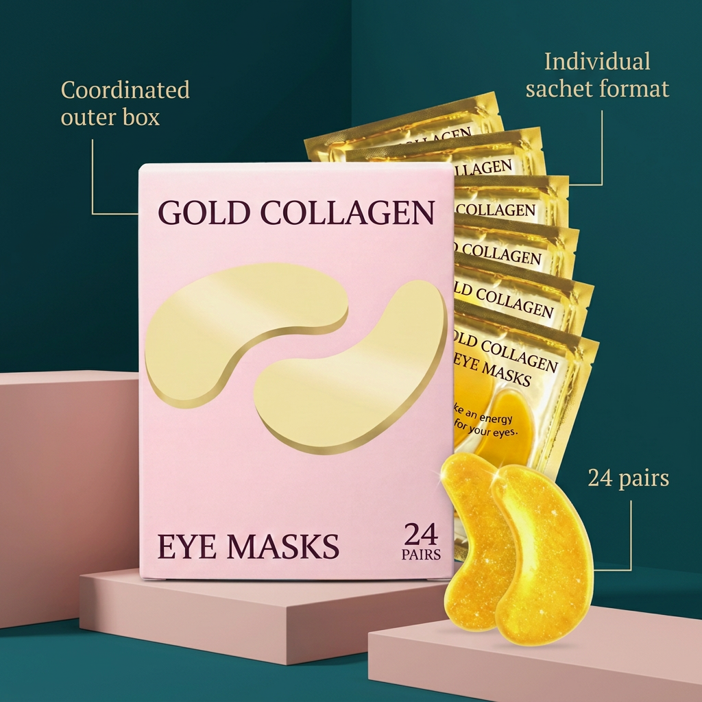Coordinated pink outer carton and gold individual sachet details