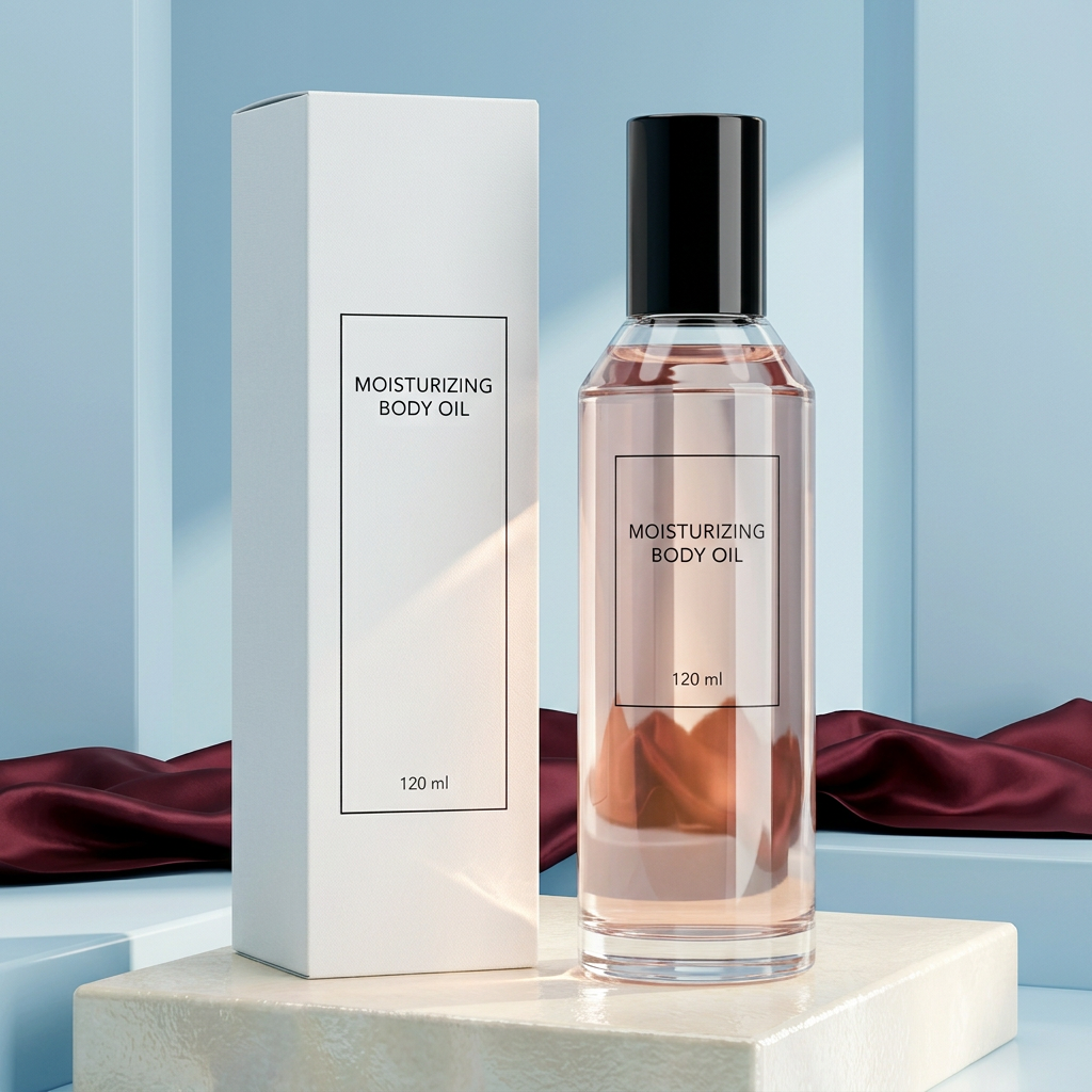 Moisturizing body oil in an ice-blue editorial setting