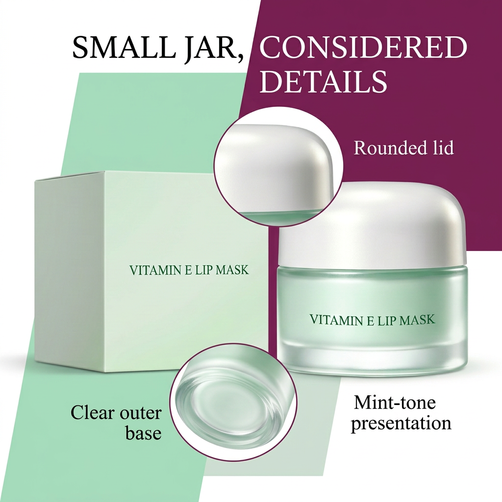 Lip mask rounded lid and clear jar base details