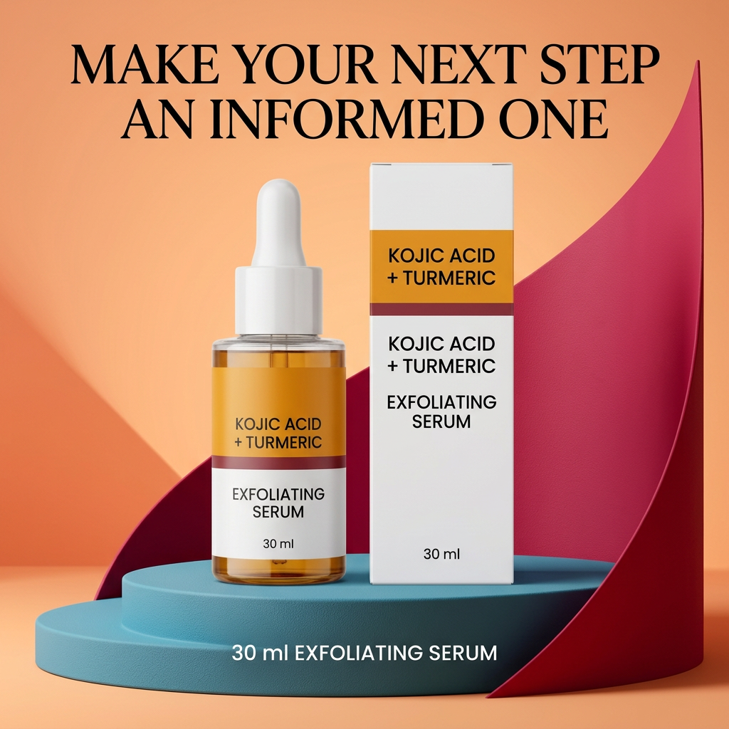 Kojic acid turmeric bottle and carton in a colorful studio setting