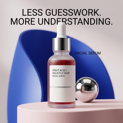 Facial serum displayed on an ice pink podium with cobalt accents
