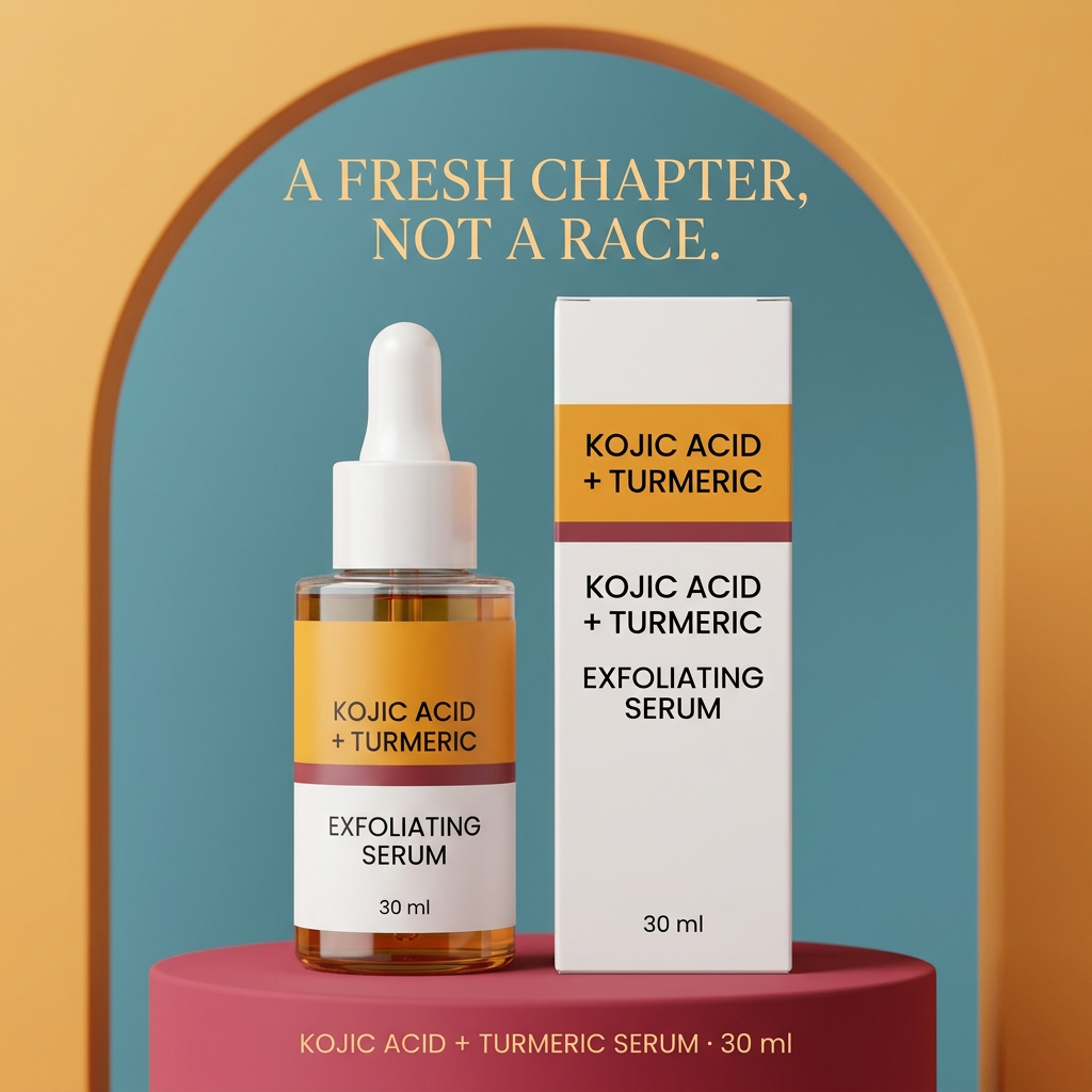 Serum hero image with raspberry podium lake blue background and orange arch