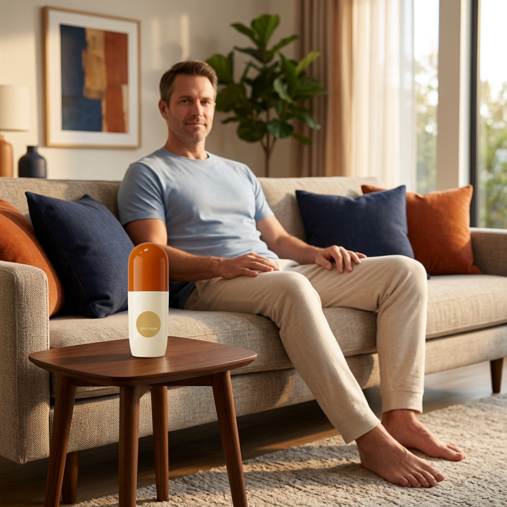 Adult man seated at home with foot cream on a side table