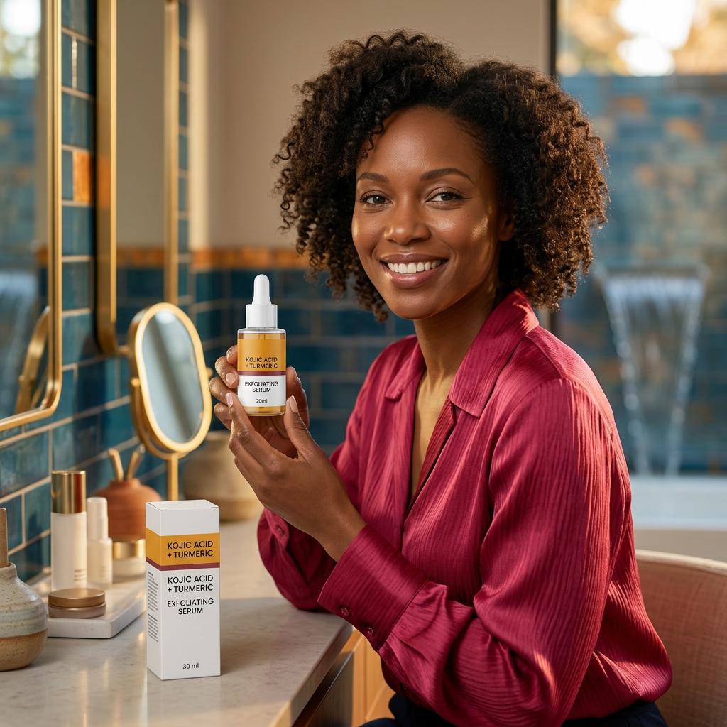 American adult model holding serum at a warm afternoon vanity