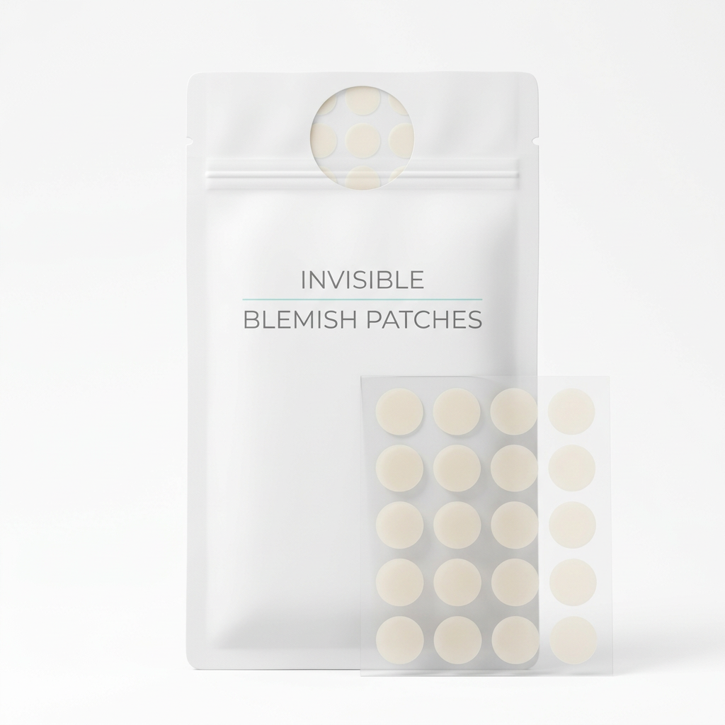 Unbranded white blemish patch pouch and circular patch sheet on white