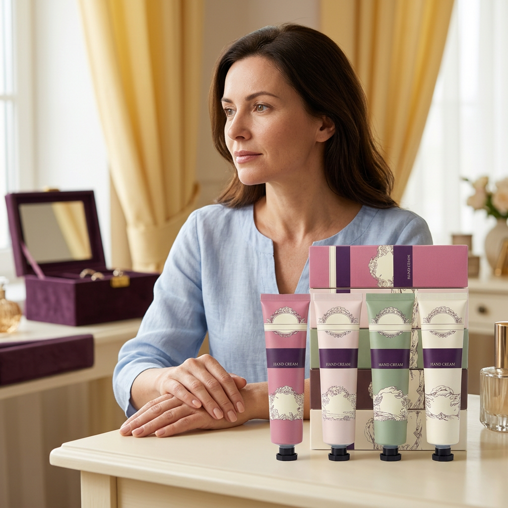 Adult woman at a dressing table with the four-piece hand cream set