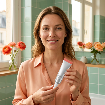 European adult model holding serum in a bright bathroom lifestyle setting