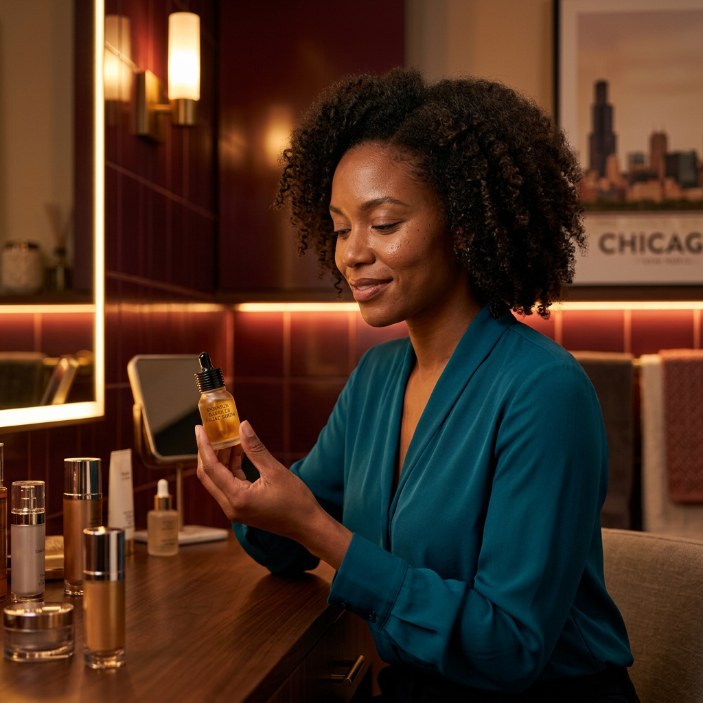 American adult model holding propolis ampoule in a warm evening vanity scene