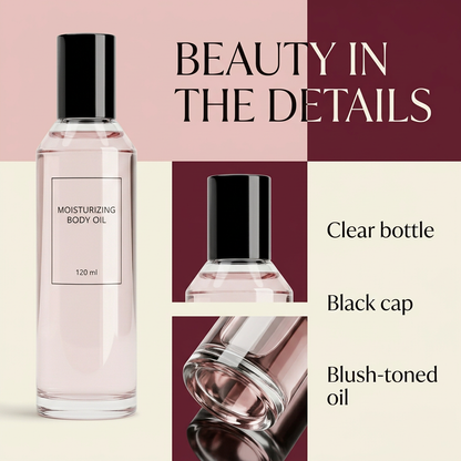 Clear body oil bottle and black cap detail